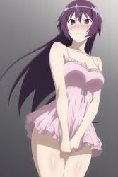 ai_generated bakemonogatari blush dress embarrassed long_hair looking_at_viewer monogatari_(series) nai_diffusion pink_dress purple_hair senjougahara_hitagi short_dress stable_diffusion thighs