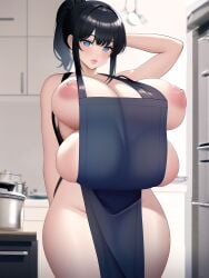 4_breasts ai_generated apron apron_only arm_behind_head arm_up bangs big_lips black_hair blue_apron blue_eyes blush breast_slip breasts breasts_out cameltoe curvy embarrassed kitchen multi_breast nai_diffusion naked nervous nipple_slip no_panties ponytail sidelocks stable_diffusion tetra_(oc) tetra_ai thick_thighs wardrobe_malfunction wide_hips