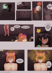 ! 2girls angry animal_ears arejay black_eyes black_hair blush bondage cleavage closed_eyes dark-skinned_female dart english_text fart fart_cloud fart_fetish farting green_eyes multiple_girls one_eye_closed orange_hair rear_view short_hair tail text text_bubble tied_up