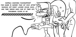 ambiguous_penetration angry_video_game_nerd angry_video_game_nerd_(series) anthro bent_over bottomless clothed clothing controller crossover dialogue dinosaur dromaeosaurid duo english_text eyewear game_controller gaming genitals glasses goodbye_volcano_high hair headphones humor long_snout male male/male nude penetration penis reptile sage_(gvh) scalie seven_(artist) sex simple_background snoot_game snout text theropod velociraptor video_games white_background