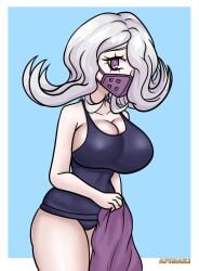 afimaki breasts cleavage danganronpa danganronpa_3 face_mask female hair_over_one_eye kimura_seiko large_breasts one-piece_swimsuit school_swimsuit sideboob straight_hair swimsuit thick_thighs thighs