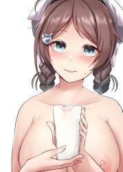 1girls blue_eyes braid brown_hair chougei_(kantai_collection) kantai_collection kiritto lactation milk nipples nude solo twin_braids