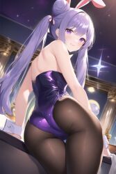 1girls ai_generated big_ass bunny_ears bunnysuit female female_only latex looking_at_viewer looking_back nai_diffusion original purple_eyes purple_hair purple_suit small_breasts smiling solo stable_diffusion thick_thighs twin_buns twintails very_long_hair