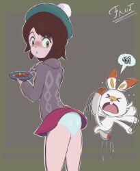 clothed clothing fantharubi female feral gloria_(pokemon) looking_back motion_lines nintendo open_mouth panties pokémon_(species) pokemon pokemon_(species) pokemon_ss scorbunny thought_bubble