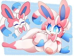 anthro belly blue_sclera bow_ribbon breast_squish breasts cheek_tuft closed_eyes cute_expression eeveelution facial_tuft female generation_6_pokemon hand_on_breast hand_on_cheek happy heart hi_res lhacedor looking_at_viewer lying multicolored_body navel nintendo nipples pink_nipples pokémon_(species) pokemon pokemon_(species) short_stack shortstack slightly_chubby smile solo squish sylveon thick_thighs tongue tongue_out tuft video_games white_eyes wide_hips