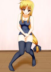 blonde_hair fate_testarossa have_to_pee leotard mahou_shoujo_lyrical_nanoha_strikers one-piece_swimsuit pullpull15 standing stockings swimsuit swimwear