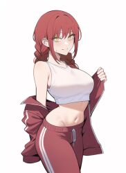 ai_generated braid chainsaw_man crop_top looking_at_viewer makima_(chainsaw_man) midriff nai_diffusion navel red_hair red_legwear shoulders sportswear stable_diffusion sweatpants track_jacket track_pants white_shirt