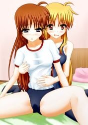 2girls bed bedwetting blonde_hair blush brown_hair casual_wetting fate_testarossa female female_only gym_shorts holding_breast leotard mahou_shoujo_lyrical_nanoha_strikers multiple_girls nanoha_takamachi on_bed panties pee_stain peeing peeing_self pullpull15 together urine urine_pool wet_panties wetting wetting_self white_shirt yuri