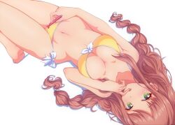 1girls bikini bow_bikini bow_swimsuit breasts brown_hair doki_doki_literature_club female finger_to_mouth green_eyes heart-shaped_pupils heart_pen holding_pen large_breasts laying_down long_hair looking_at_viewer midriff monika_(doki_doki_literature_club) navel p-nekoe pen side-tie_bikini side-tie_swimsuit swimsuit thighs yellow_bikini yellow_swimsuit