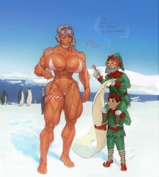 1girls 2boys bikini christmas english_text female gilf iranon mrs._claus muscular_female north_pole text thick_thighs wide_hips