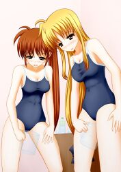 2girls blonde_hair brown_hair bucket cup fate_testarossa female female_only leotard mahou_shoujo_lyrical_nanoha_strikers multiple_girls nanoha_takamachi one-piece_swimsuit pullpull15 smiling swimsuit swimwear