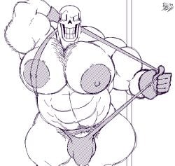 1boy 2d abs bara bara_tiddies bara_tits big_arms big_biceps big_nipples big_pecs black_mankini bobthetanuki bulge disgusting extrasizedbob gay gloves hairy_chest huge_pecs male male_only mankini monochrome muscular muscular_male papyrus pulling_clothing singlet skeleton smile solo undertale undertale_(series) white_mankini