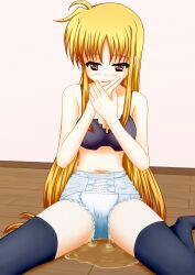 belly_button black_socks blonde_hair diaper fate_testarossa have_to_pee leaking_diaper mahou_shoujo_lyrical_nanoha_strikers on_floor peeing peeing_self pullpull15 socks thigh_socks thighhighs urine urine_on_ground urine_pool urine_puddle wet_diaper wet_spot wetting wetting_diaper wetting_self