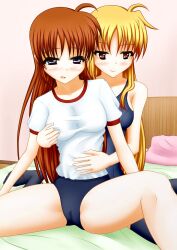 2girls bed blonde_hair blush brown_hair fate_testarossa female female_only gym_shorts holding_breast leotard mahou_shoujo_lyrical_nanoha_strikers multiple_girls nanoha_takamachi on_bed panties pullpull15 together wet_panties white_shirt yuri