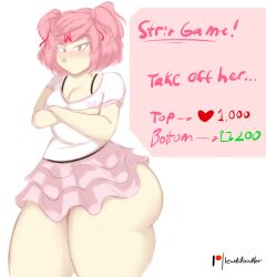 1girls ass big_ass clothing doki_doki_literature_club female female_only lewddoodler light-skinned_female light_skin natsuki_(doki_doki_literature_club) pink_hair solo strip_game thick_thighs wide_hips