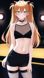 ai_generated asuka_langley_sohryu black_clothing black_shirt black_shorts black_socks blue_eyes crop_top fishnet fishnet_legwear fishnet_socks fishnet_thighhighs fishnet_topwear fishnets looking_at_viewer midriff nai_diffusion navel neon_genesis_evangelion orange_hair shorts socks stable_diffusion t-shirt thigh_socks thighhighs thighs twintails