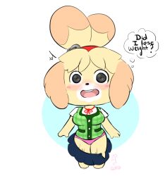 2d animal_crossing anthro blue_skirt blush breasts english_text isabelle_(animal_crossing) nintendo office_lady panties pink_panties skirt text thought_bubble vallycuts wardrobe_malfunction