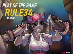 1girls 2boys 2d big_penis blizzard_entertainment blurry_background clothed_female_nude_male cum dark-skinned_male donut erection food foodplay handjob huge_cock kiriko_(overwatch) overwatch overwatch_2 smile