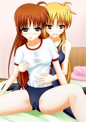 2girls bed bedwetting blonde_hair blush brown_hair fate_testarossa female female_only gym_shorts holding_breast leotard mahou_shoujo_lyrical_nanoha_strikers multiple_girls nanoha_takamachi on_bed panties pee_stain peeing peeing_self pullpull15 together urine urine_pool wet_panties wetting wetting_self white_shirt yuri