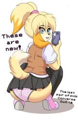 2d animal_crossing anthro black_skirt blue_eyes converse english_text isabelle_(animal_crossing) nintendo office_lady owo panties pantyshot phone shoes skirt squatting tail text white_background zelripheth