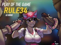 1girls 2boys 2d big_penis blizzard_entertainment blurry_background clothed_female_nude_male dark-skinned_male donut erection food foodplay handjob huge_cock kiriko_(overwatch) lord_moku overwatch overwatch_2 partial_male smile