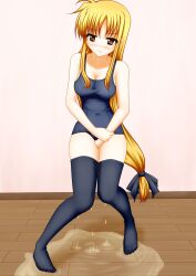 blonde_hair blush fate_testarossa have_to_pee leotard mahou_shoujo_lyrical_nanoha_strikers one-piece_swimsuit peeing peeing_on_floor peeing_self pullpull15 standing stockings swimsuit swimwear urinating urinating_female urination urine urine_pool urine_puddle urine_stream wetting wetting_self