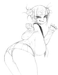 1girls ass bent_over big_ass big_breasts coffing_(artist) himiko_toga huge_breasts looking_at_viewer monochrome my_hero_academia panties skirt smile stockings thick_thighs