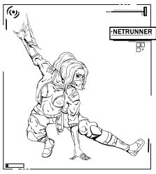 black_and_white_drawing black_eyes blades breasts breasts_out combat_boots cybernetic_arm cybernetics cyberpunk cyberpunk_2077 cyborg female_only long_hair long_nails mantis_blades mask muscular muscular_female netrunner scar skimpy skimpy_clothes weapon