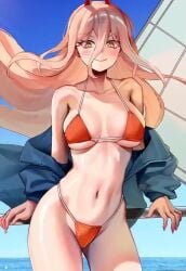 1girls 2d 2d_animation alternate_breast_size animated bangs bare_shoulders beach belly_button bikini blonde_hair blue_jacket blue_sky blush bouncing_breasts breasts chainsaw_man cleavage collarbone cross-shaped_pupils cute demon demon_girl demon_horns female foxy_rain_(foxyreine) foxyrain_(foxyreine) foxyreine hair_between_eyes highleg highleg_bikini horns jacket large_breasts light-skinned_female light_skin long_hair long_sleeves looking_at_viewer navel no_sound off_shoulder open_clothes open_jacket open_mouth orange_bikini outdoors pointy_teeth power_(chainsaw_man) red_horns sharp_teeth short_loop short_playtime shorter_than_30_seconds sky slim_waist smile solo swimsuit teeth thighs video yellow_eyes