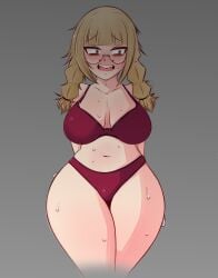 1girls alternate_hairstyle big_breasts bra braces braided_hair breasts cute embarrassed female glasses himiko_toga large_breasts my_hero_academia panties redemption_arc saltyxodium shy solo speech_bubble standing sweat thick_thighs thighs twin_braids underwear wholesome wide_hips yellow_eyes