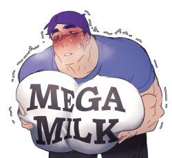 1boy big_breasts big_pecs blush breast_growth growing_breasts holding_breasts huge_breasts huge_pecs lactation male_lactation male_only male_with_breasts mega_milk milk_filled_pecs muscular muscular_male napsuto purple_hair quivering shaking tight_clothing tight_shirt