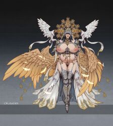 absurdres angel_wings armor armored_boots armored_gloves armored_shoes ball_gag bare_shoulders blindfold boots breasts chinese_commentary dungeon_and_fighter female gag highres huge_breasts inverted_nipples jewelry l_axe lactation large_breasts large_wings long_hair navel nipple_piercing nipples piercing pregnant pubic_tattoo religion simple_background solo standing tattoo thighhighs thighs wide_hips wings