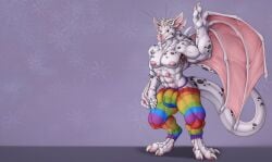 absurd_res anthro areola biped bulge claws clothed clothing dragon genital_outline hi_res horn male membrane_(anatomy) membranous_wings multi_nipple multicolored_clothing muscular muscular_anthro muscular_male nipples penis_outline pink_areola pink_nipples rainbow_clothing solo solo_male standing tochka wings