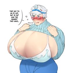 blush bra breast_expansion breast_growth cookie_run doctor embarrassed glasses huge_breasts ill-fitting_clothes male male_breasts male_only male_tits male_with_breasts milk_cookie napsuto sweater turtleneck underwear white_hair