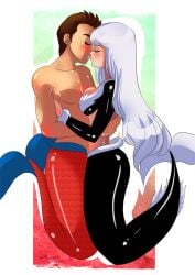 black_cat_(marvel) black_tail blue_eyes breasts cleavage felicia_hardy marvel marvel_comics mermaid mermaid_girl mermaid_position mermaid_tail mermaid_transformation peter_parker pronon1990 seductive seductive_eyes seductive_pose seductive_smile spider-man_(series) white_hair