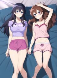 2girls ai_generated bed bedroom black_hair brown_hair camisole casual crop_top dolphin_shorts female female_only hibike!_euphonium kousaka_reina loungewear lying lying_on_back lying_on_bed midriff multiple_girls nai_diffusion navel on_bed oumae_kumiko pajamas pink_shorts shorts stable_diffusion t-shirt thighs tight_fit tight_shirt