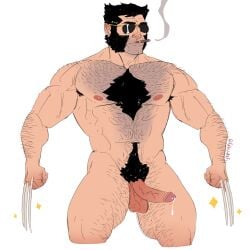 1boy balls bara boner chest_hair cigar claws erection fabssdaf facial_hair hairy male male_focus male_only marvel marvel_comics muscles muscular mutton_chops nude penis solo solo_male sunglasses uncensored wolverine_(x-men) x-men yaoi