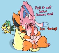 ambiguous_gender anal anal_sex animal_genitalia animal_penis anus balls being_watched blush bodily_fluids canine_penis carrying_partner cum cum_in_ass cum_inside cum_while_penetrated duo dustyspaghetti eeveelution english_text feral flareon generation_1_pokemon generation_4_pokemon generation_6_pokemon genital_fluids genitals group jolteon knot knotting leafeon leaking_cum looking_at_another male male/male male_penetrated male_penetrating male_penetrating_male nintendo penetration penile penile_penetration penis pokémon_(species) pokemon pokemon_(species) sex simple_background smile stuck stuck_genitals stuck_knot stuck_penis stuck_together sylveon text video_games