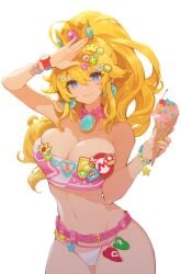 1girls arm_up belt big_breasts bikini blonde_hair blue_eyes breasts buckle busty cleavage cleavage_cutout clothing_cutout female female_only food heart heart_cutout highres ice_cream large_breasts legs looking_at_viewer mario_(series) mushroommirror nail_polish navel nintendo panties ponytail princess_peach smile solo strapless swimsuit thighs tube_top underwear voluptuous