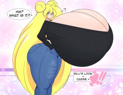 cassie_(theycallhimcake) cute female hairbuns huge_ass hyper_breasts jeans original original_character original_characters outfit_reference purple_eyes purpleguyri riley_moore_(artist) rilli_oshina sweater tagme thick_thighs twin_buns yellow_hair