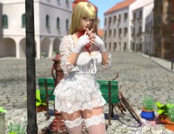 1girls 3d bangs blonde_hair blue_eyes blunt_bangs breasts busty cleavage dress emilie_de_rochefort female female_focus female_only fingerless_gloves fishnet_stockings fishnets hourglass_figure light-skinned_female light_skin long_hair pinup pinup_pose small_breasts solo standing stockings tagme tekken thighs vizeta wide_hips