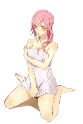 1girls artist_request asymmetrical_hair bare_chest bare_legs bare_shoulders barefoot blush breasts cleavage collarbone covering covering_self eclair_farron embarrassed feet female female_only final_fantasy final_fantasy_xiii green_eyes kneeling knees_together_feet_apart long_hair on_knees pink_hair plain_background simple_background solo solo_focus square_enix toes towel towel_only white_background