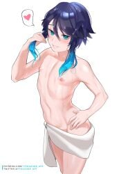 1boy blush eye_contact femboy frogzone frogzone_art genshin_impact girly looking_at_viewer male male_only sarong solo standing thighs towel towel_around_waist towel_only twin_braids two_tone_hair venti_(genshin_impact)