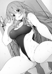 barefoot blush breasts cleavage competition_swimsuit door female female_pubic_hair greyscale hair_between_eyes hand_up highres idolmaster idolmaster_shiny_colors large_breasts long_hair looking_at_viewer monochrome one-piece_swimsuit open_mouth osaki_tenka pubic_hair pussy_juice shirokuma_(nankyoku) smile solo squatting swimsuit toes v wet