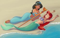 2019 aladdin areola ariel big_breasts black_hair blush bodily_fluids breast_grab breast_squish breasts brown_body chocolate_and_vanilla crossover crown dark-skinned_female dark_skin detailed_background disney disney_princess duo ear_piercing fanart featureless_crotch female female/female female_only fin fish_tail hair hi_res human hypnosis interspecies lipstick long_hair makeup mammal marine merfolk mermaid mind_control nipples piercing png princess_jasmine red_hair spiral_eyes split_form squish the_little_mermaid tiara white_body yuri
