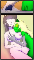 1futa 1girls after_sex areolae bed big_penis breasts canid canine canis cartoon_network charliewolfie charliewolfie_(vtuber) cuddling deatthot_(character) duo erection female furniture futa_on_female futanari gem_(species) green_skin gynomorph hi_res human humanoid intersex intersex/female mammal monster_girl nipples on_back penis sleeping sleeping_on_partner somnophilia steven_universe towel white_skin wolf