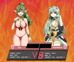 2girls ;d alternate_costume bikini breasts cleavage crossover fate/grand_order fate_(series) female female_only fight fire_emblem fire_emblem_awakening green_eyes green_hair kiyohime_(fate/grand_order) large_breasts long_hair looking_at_viewer multiple_girls nintendo one_eye_closed open_mouth panties partially_visible_vulva pointy_ears ponytail red_bikini red_swimsuit smile stats swimsuit tiki_(adult)_(fire_emblem) tiki_(fire_emblem) twintails underwear wink wrestling_queen yellow_bikini yellow_eyes yellow_panties yellow_swimsuit