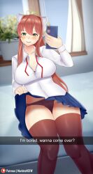 big_breasts brown_hair doki_doki_literature_club female female_focus female_only green_eyes looking_at_viewer monika_(doki_doki_literature_club) morbite no panties school_uniform selfie skirt skirt_lift snapchat strip_game thick_thighs thighhighs