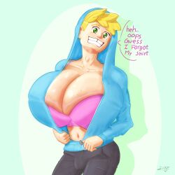 big_breasts bra dukes_art forgetful freckles_on_breasts gapped_teeth hoodie huge_breasts male_breasts male_only male_tits male_with_breasts pink_bra tooth_gap zack_(dukes_art) zipper_down