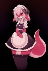 1girls anthro black_background dragon dragon_horns dragon_tail female female_only floppy_ears fur furred_dragon hi_res horns legs_together maid maid_headdress maid_uniform pointy_ears red_eyes red_fur soda_uyu solo solo_female stockings tail thick_thighs white_hair